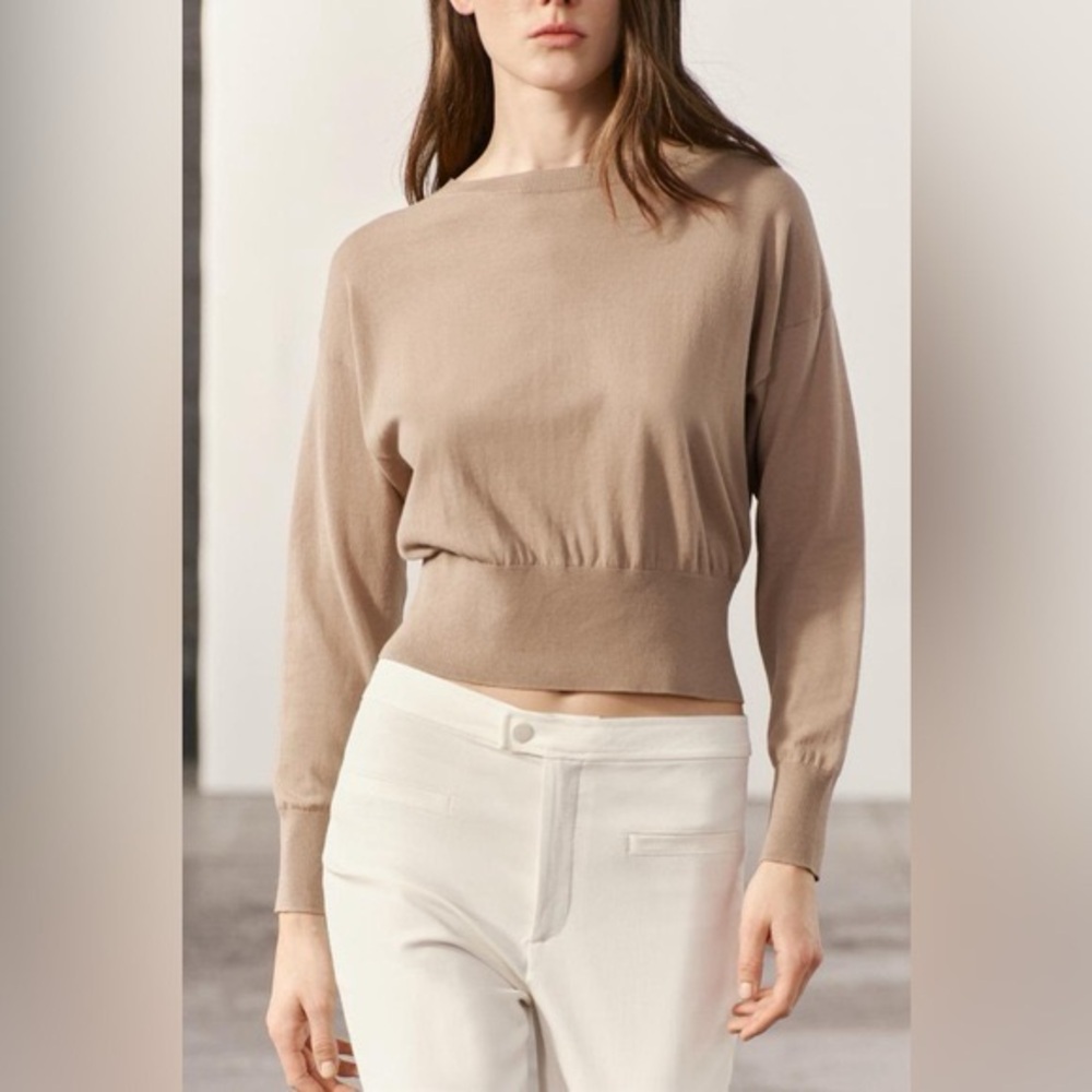 Zara Cropped Crewneck Sweater Knit in Taupe
